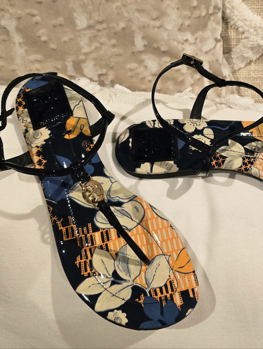 Tory Burch Navy, Orange & Cream Floral Patent T-Strap Sandals